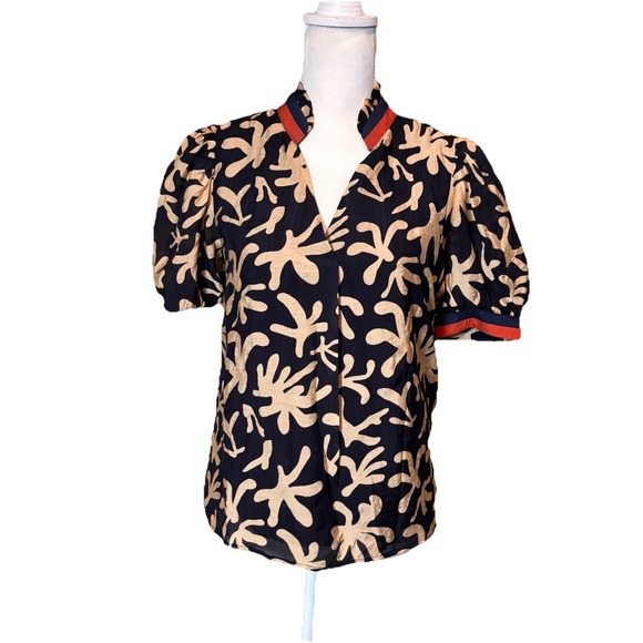 THML Tops - THML Puff Sleeve Blouse Black Beige Abstract Print Mandarin Collar Size S